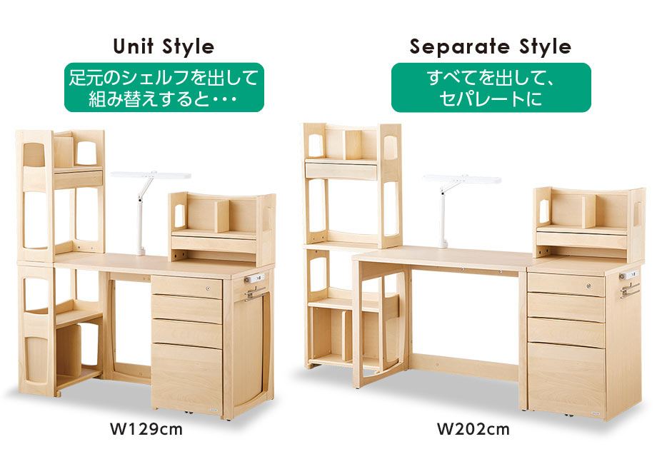Unit Style（足元のシェルフを出して組み替えすると・・・）W129cm／Separate Style（すべてを出して、セパレートに） W202cm